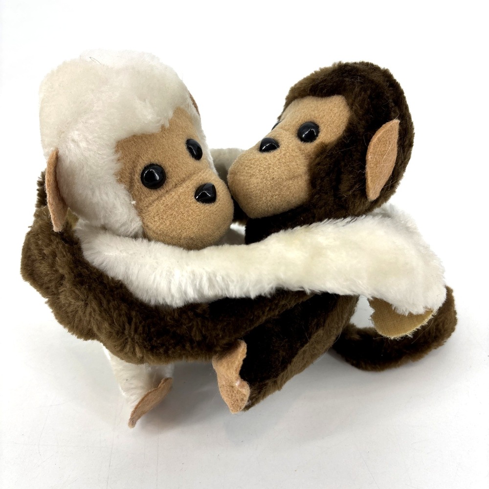 Vintage 1982 Dakin Hugging Monkeys 6" Plush Stuffed Animals Set Brown & White